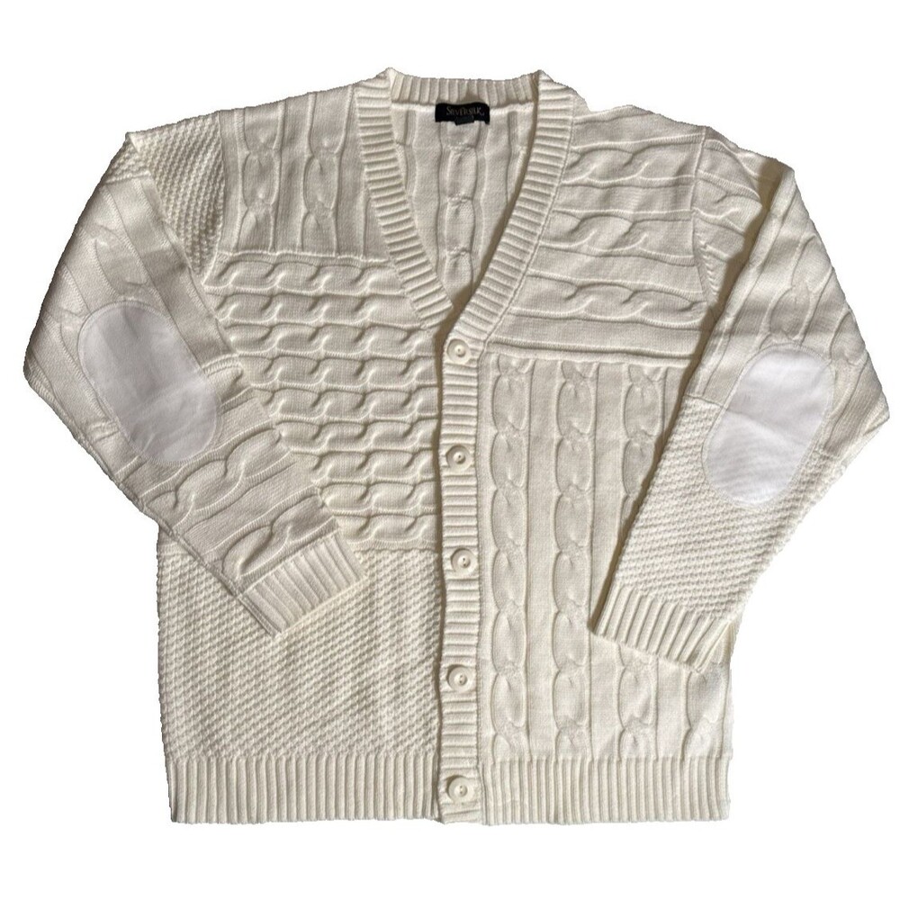 SilverSilk Men XL  Sweater Cardigan Cable Knit Suede Elbow Ivory Luxury Chunky
